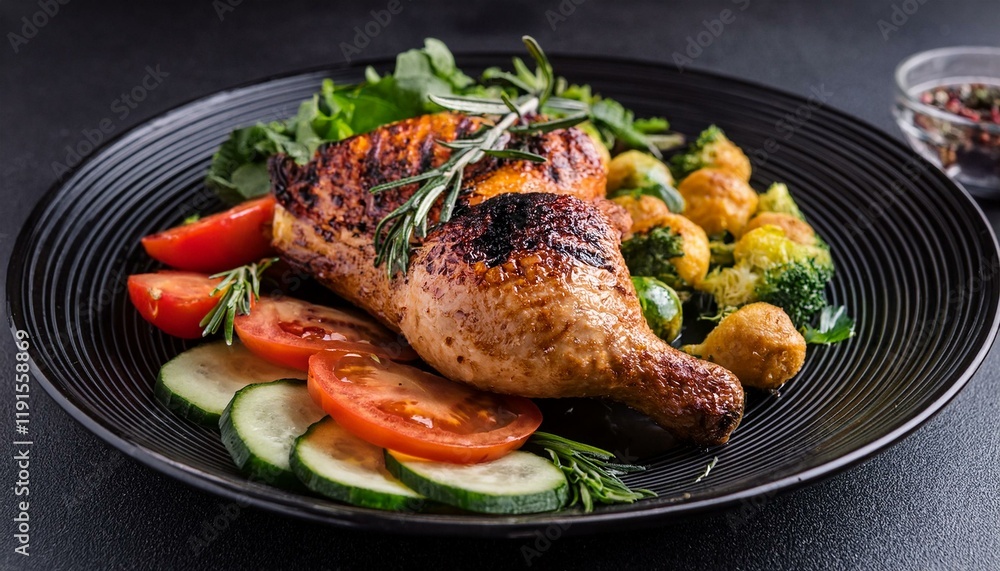 Generated image Grilled chicken served with fresh vegetables and herbs on a dark plate Generated image Grilled chicken served with fresh vegetables and herbs on a dark plate