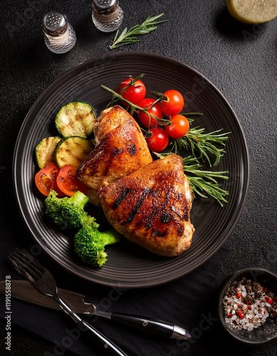 Generated image Grilled chicken served with fresh vegetables and herbs on a dark plate