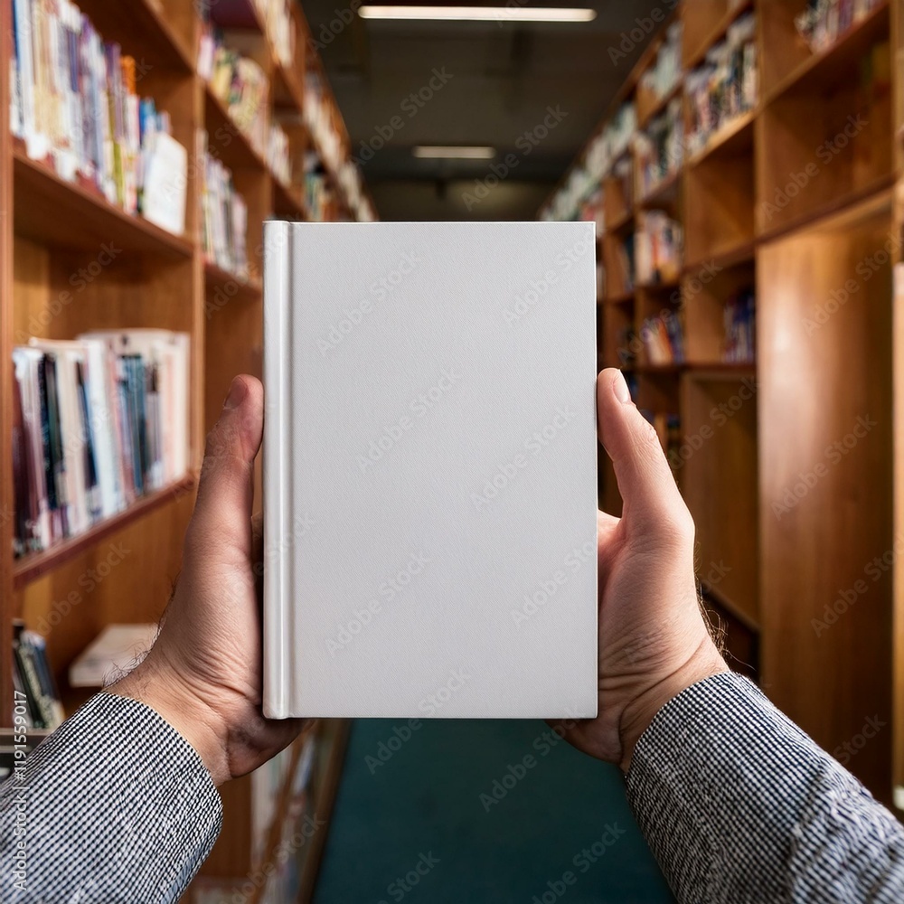 Generated image hands holding book with blank white cover in library, mockup for book cover design