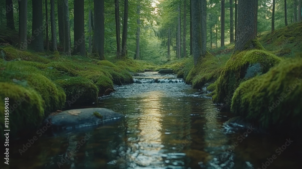Obraz premium Serene Forest Stream Flows Through Mossy Banks