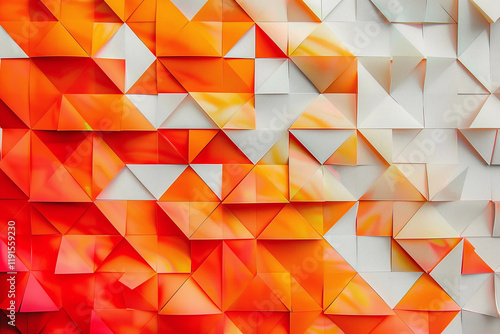 Abstract Geometric Pattern with Orange and White Triangular Shapes, Modern Art Design with Polygonal Texture and Vibrant Colors