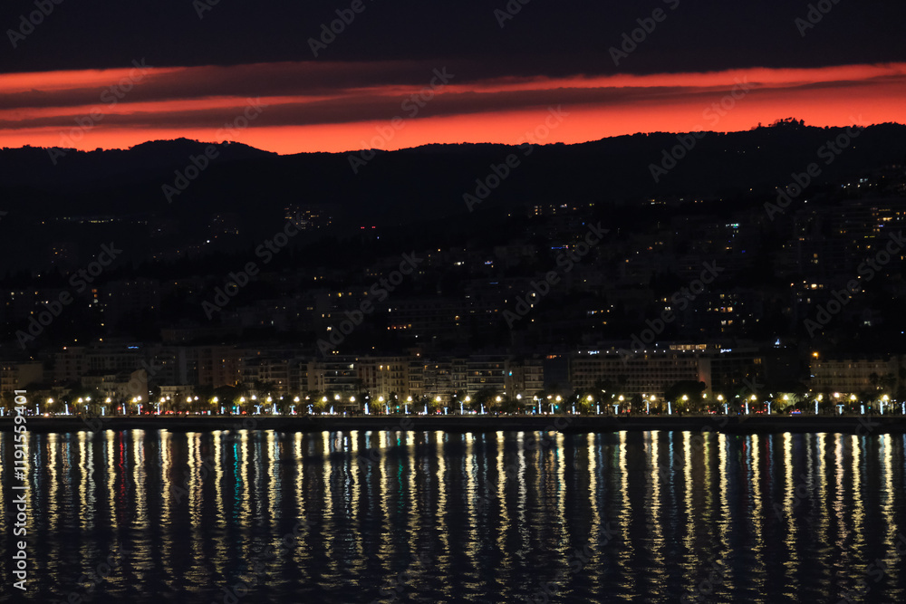 vista noturna cidade nice frança mar prédio textura