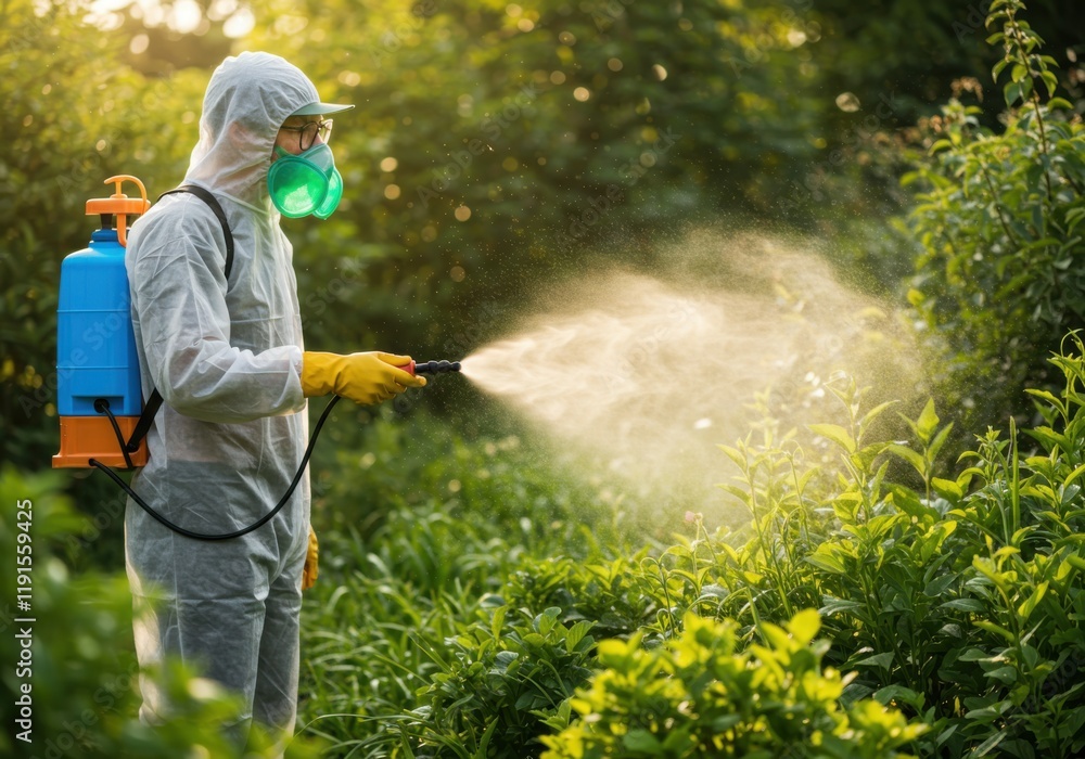 custom made wallpaper toronto digitalHazmat suit worker, pesticide spraying, lush green forest, mist spray, sunlight filtering through trees, environmental impact, protective equipment, agricultural chemicals, nature vs intervention, vib