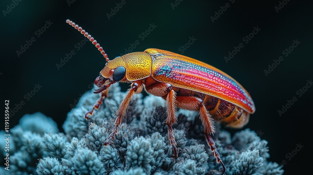 Fototapeta premium Vibrant orange and red beetle on grey lichen, close-up.