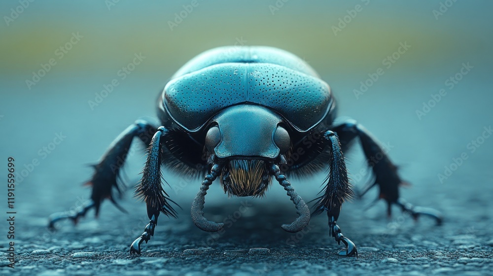 Naklejka premium Close-up of a large, dark blue beetle facing the camera on a textured surface.