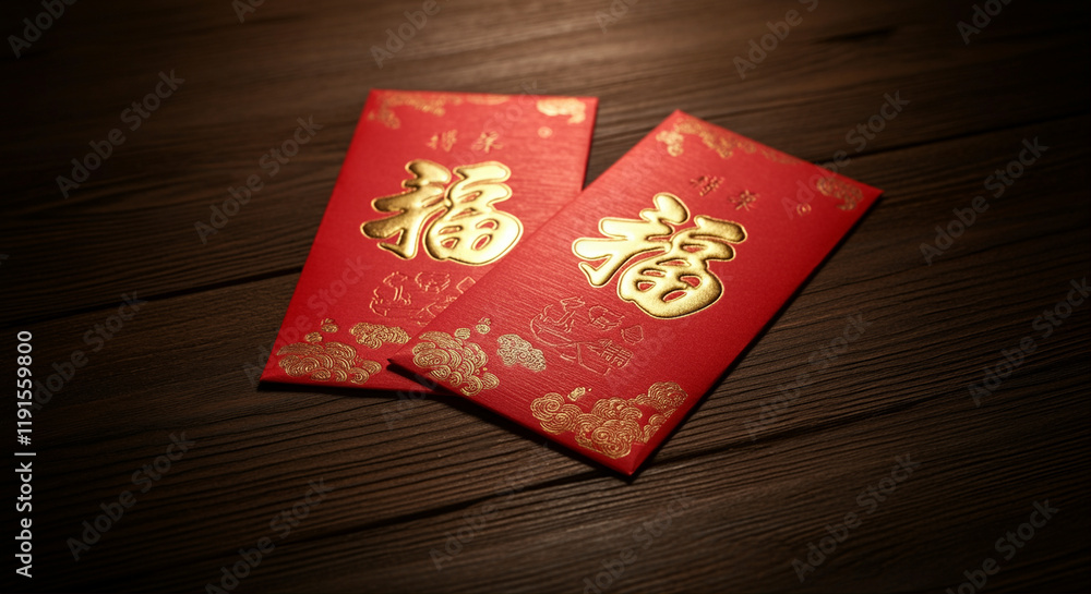 Red envelopes for Chinese New Year celebration with gold lettering and floral designs Red envelopes for Chinese New Year celebration with gold lettering and floral designs