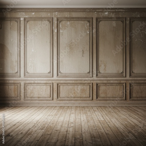 Ornate classical interior, cream-colored wall paneling, intricate moldings, wooden wainscoting, vintage architectural details, empty room, worn wooden floor, sepia tones, atmospheric lighting, high-re