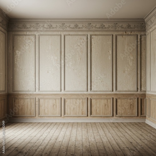 Ornate classical interior, cream-colored wall paneling, intricate moldings, wooden wainscoting, vintage architectural details, empty room, worn wooden floor, sepia tones, atmospheric lighting, high-re