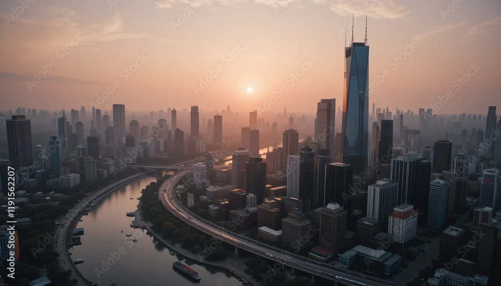Obraz premium Warm sunlight bathes the modern cityscape of highlighting prominent skyscrapers and a gently curving river amidst the urban expanse at dawn.