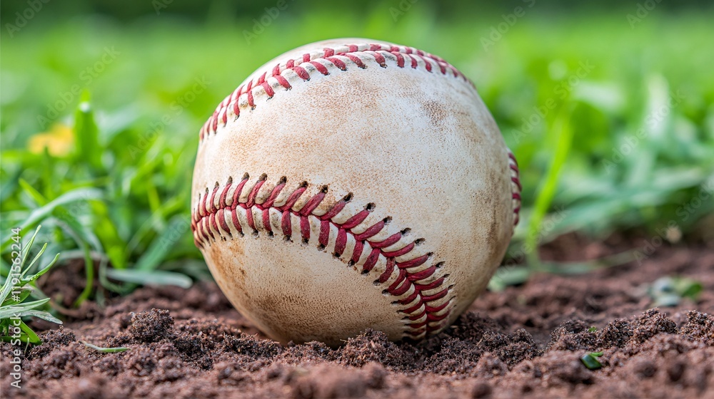 Baseball resting on the ground surrounded by fresh grass in a sunny field Baseball resting on the ground surrounded by fresh grass in a sunny field