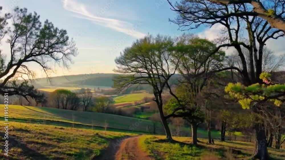A tranquil rural path with golden sunlight illuminating the budding trees. A tranquil rural path with golden sunlight illuminating the budding trees.