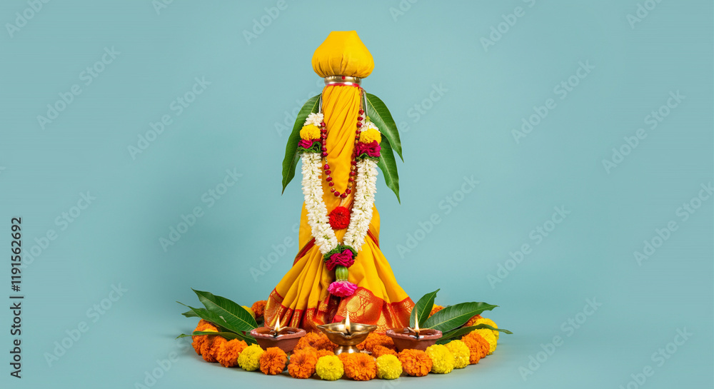 Deity statue adorned for religious celebration with vibrant flowers and candles in cultural worship Deity statue adorned for religious celebration with vibrant flowers and candles in cultural worship