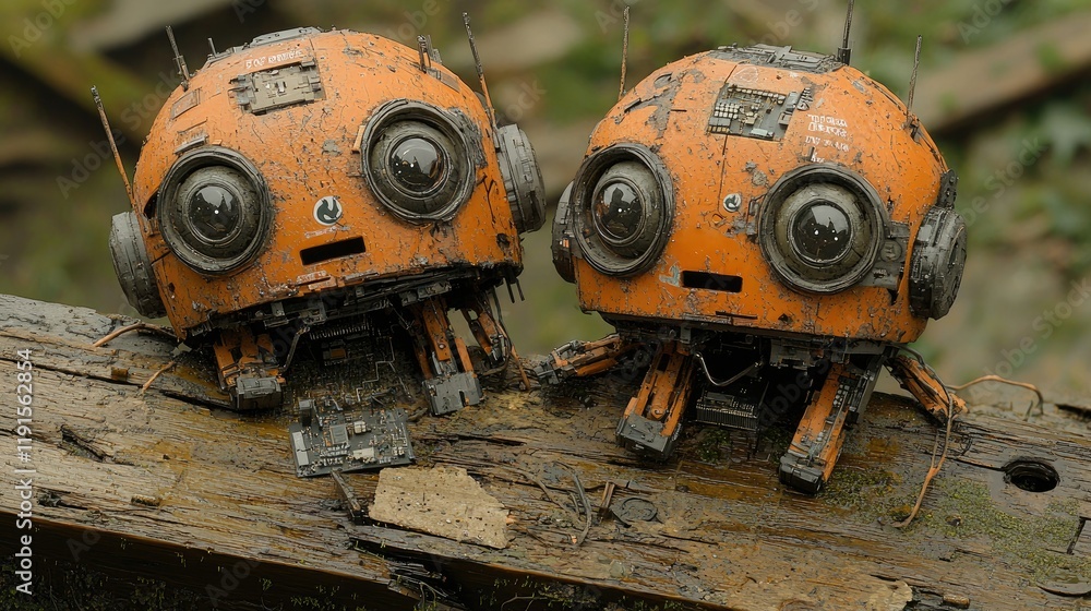 Two Rusty Orange Robots Resting On Wood Two Rusty Orange Robots Resting On Wood