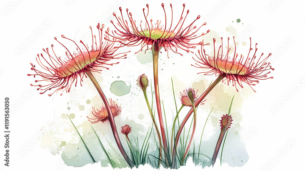 Botanical beauty: sundew drosera houseplant in potted glory, isolated on white background - stock photo. Sundew. Illustration Botanical beauty: sundew drosera houseplant in potted glory, isolated on white background - stock photo. Sundew. Illustration