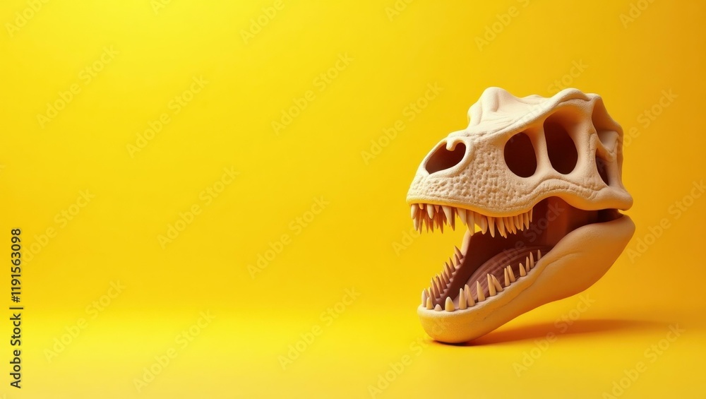 Naklejka premium Prehistoric Artifact. Vegan sneakers docusaurus Shopify developer Squarespace designer Anthropocene Phygital Thingiverse Goat Skillshare Creative fabrica Dinosaur skull fossil brown open mouth yellow