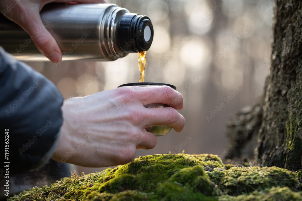 Fototapeta premium Heißen Kaffee eingießen aus Thermoskanne in Deckeltasse in der Natur