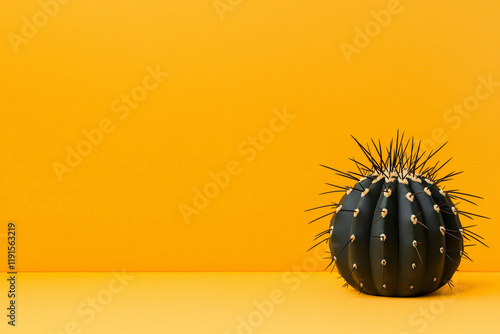 barrel cactus with long spines, pure orange backdrop photo