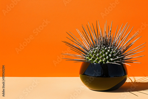 barrel cactus with long spines, pure orange backdrop photo