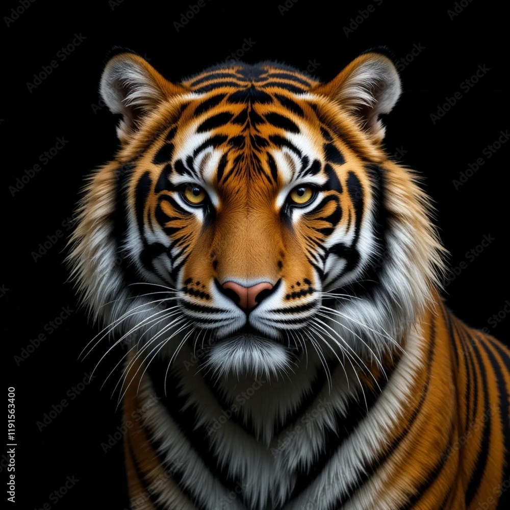 Fototapeta premium Tiger Portrait Against a Black Background – Majestic Wildlife in Dramatic Lighting