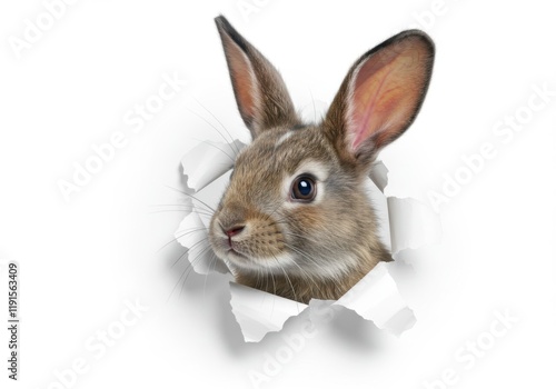 Realistic rabbit portrait, paper breakthrough effect, curious bunny face, large ears, textured fur, white background, 3D illusion, whimsical animal art, photorealistic detail, trompe l'oeil, soft ligh