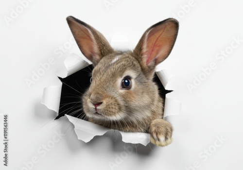 Realistic rabbit portrait, paper breakthrough effect, curious bunny face, large ears, textured fur, white background, 3D illusion, whimsical animal art, photorealistic detail, trompe l'oeil, soft ligh