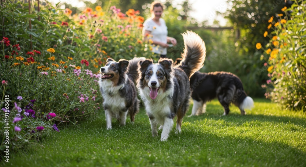 Australian shepherds, two dogs, colorful garden, vibrant flowers, lush green grass, sunny outdoor setting, playful stance, alert expressions, fluffy fur, blue merle coloring, bright eyes, natural ligh Australian shepherds, two dogs, colorful garden, vibrant flowers, lush green grass, sunny outdoor setting, playful stance, alert expressions, fluffy fur, blue merle coloring, bright eyes, natural ligh