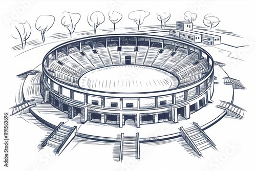 Sketch of a Circular Amphitheater with Surrounding Buildings and Trees photo