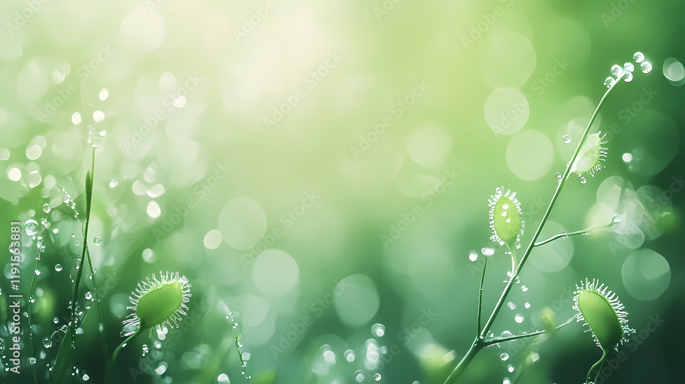 Obraz premium Close-up of a dewy sundew plant with a blurred green background. Sundew. Illustration