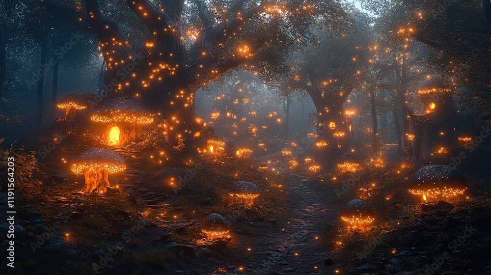 Enchanting Illuminated Forest Path With Glowing Mushroom Homes Enchanting Illuminated Forest Path With Glowing Mushroom Homes