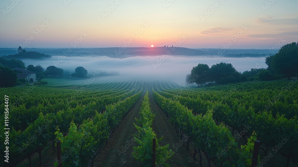 Fototapeta premium Sunrise over Misty Vineyard Rows and Distant Hills