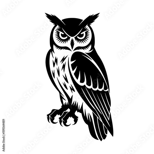 Schilderij op canvas Minimalist Owl Silhouette - Black and White Wildlife Vector Design