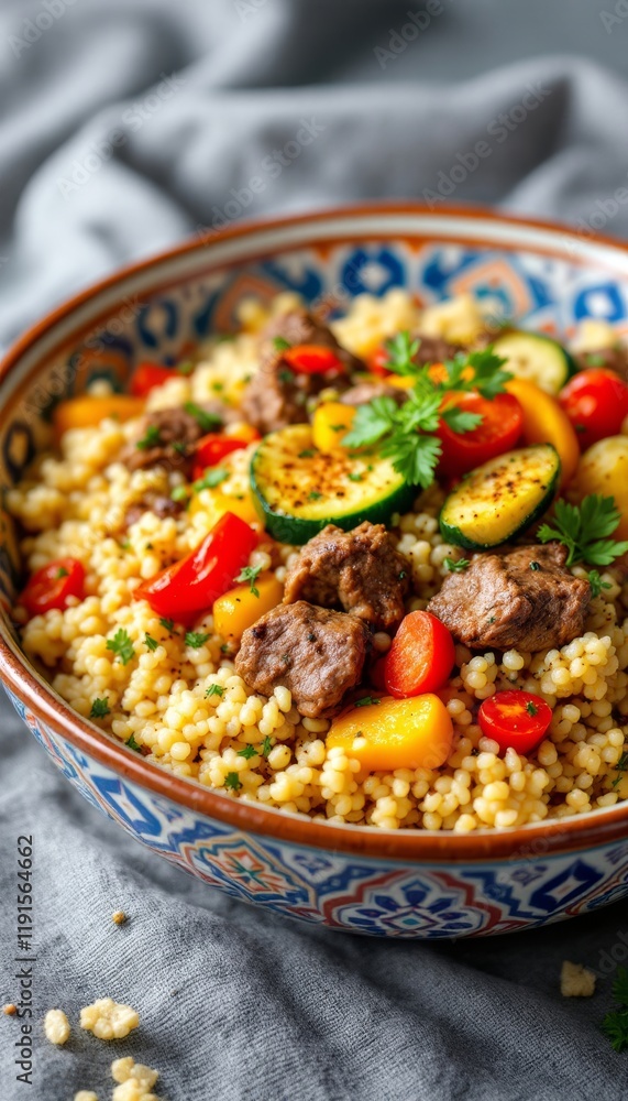 A vibrant bowl of couscous with beef, zucchini, tomatoes and yellow bell peppers, a close-up view A vibrant bowl of couscous with beef, zucchini, tomatoes and yellow bell peppers, a close-up view