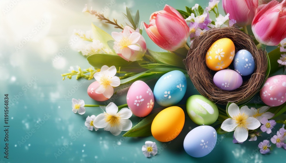 Generated image Easter eggs and spring flowers on a table, ideal for spring holiday themes Generated image Easter eggs and spring flowers on a table, ideal for spring holiday themes