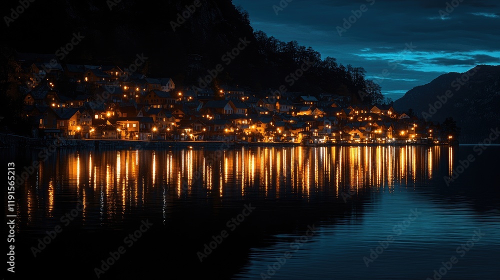Nighttime village lights reflecting on calm water Nighttime village lights reflecting on calm water