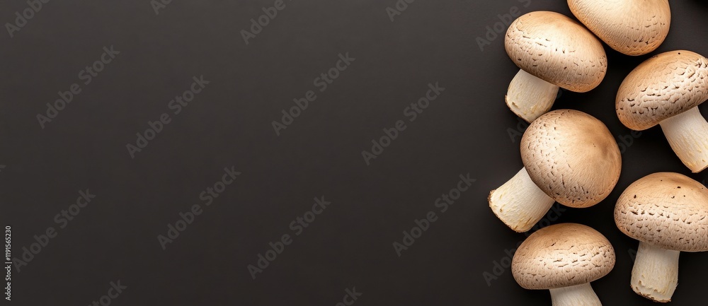 Flat Lay of Fresh Mushrooms on a Dark Background Perfect for Culinary Design.