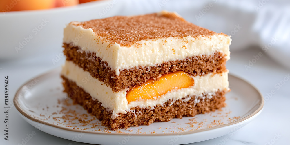 Delicious layered dessert with creamy filling and peach slices, dusted with cinnamon. Delicious layered dessert with creamy filling and peach slices, dusted with cinnamon.