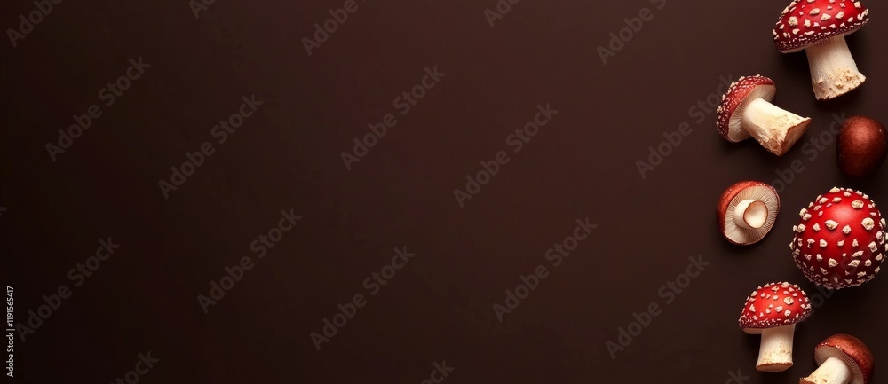 Flat Lay of Fresh Mushrooms on a Dark Background Perfect for Culinary Design. Flat Lay of Fresh Mushrooms on a Dark Background Perfect for Culinary Design.
