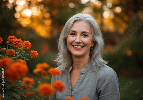 Smiling mature woman, grey wavy hair, outdoor portrait, autumn colors, orange flowers in foreground, soft golden sunlight, bokeh background, warm tones, casual grey top, natural beauty, joyful express