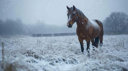 Wild horse standing in snowy field during winter snowfall at dusk photo