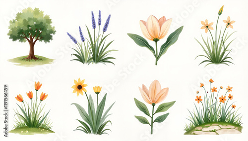Floral illustrations with various flowers and a tree
