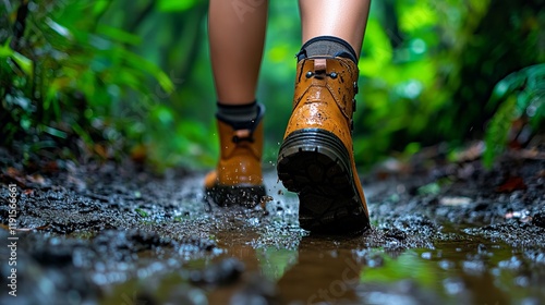 Close-up of a person walking in waterproof boots through muddy terrain in nature. photo