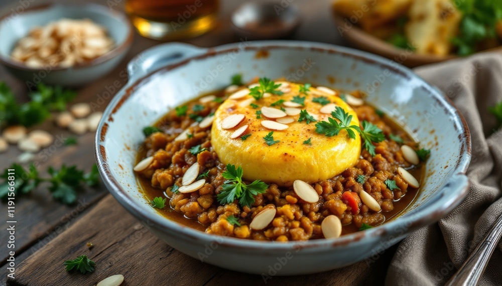 A bowl of lentil stew with a round yellow topping garnished with almond slices and parsley on wooden table A bowl of lentil stew with a round yellow topping garnished with almond slices and parsley on wooden table