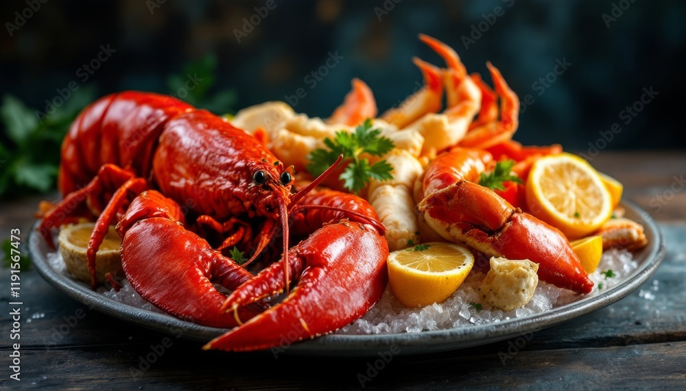 Seafood Platter Featuring a Cooked Lobster and Crab Claws on a Bed of Ice