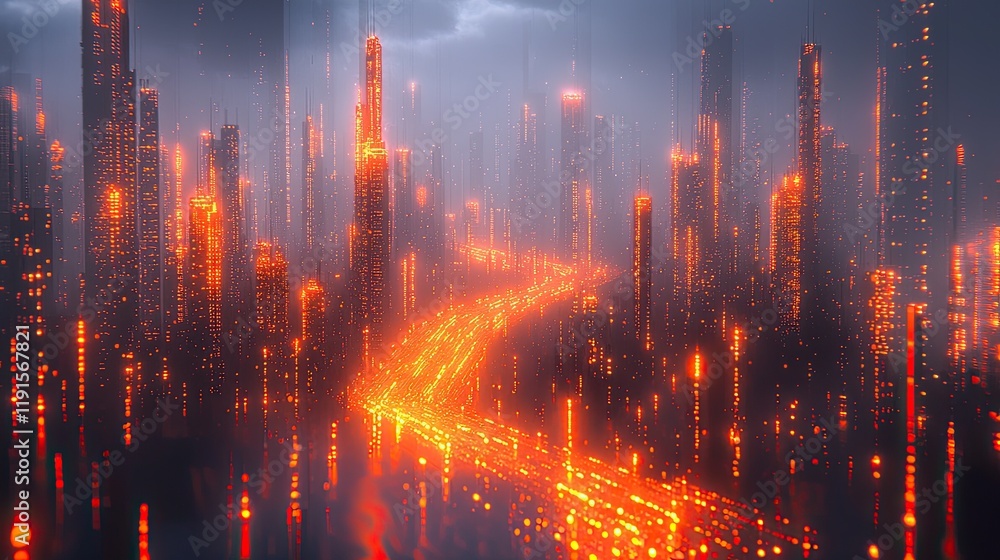 Futuristic Cityscape Illuminated With Bright Orange Lights Futuristic Cityscape Illuminated With Bright Orange Lights