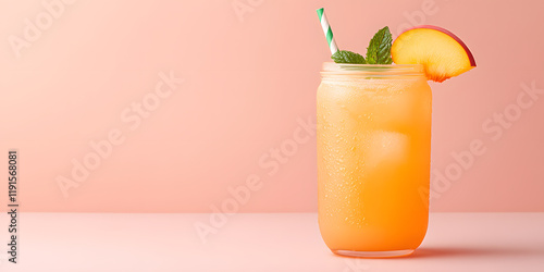 Refreshing peach iced drink in a mason jar with a peach slice and mint garnish. Perfect for a summer day! photo