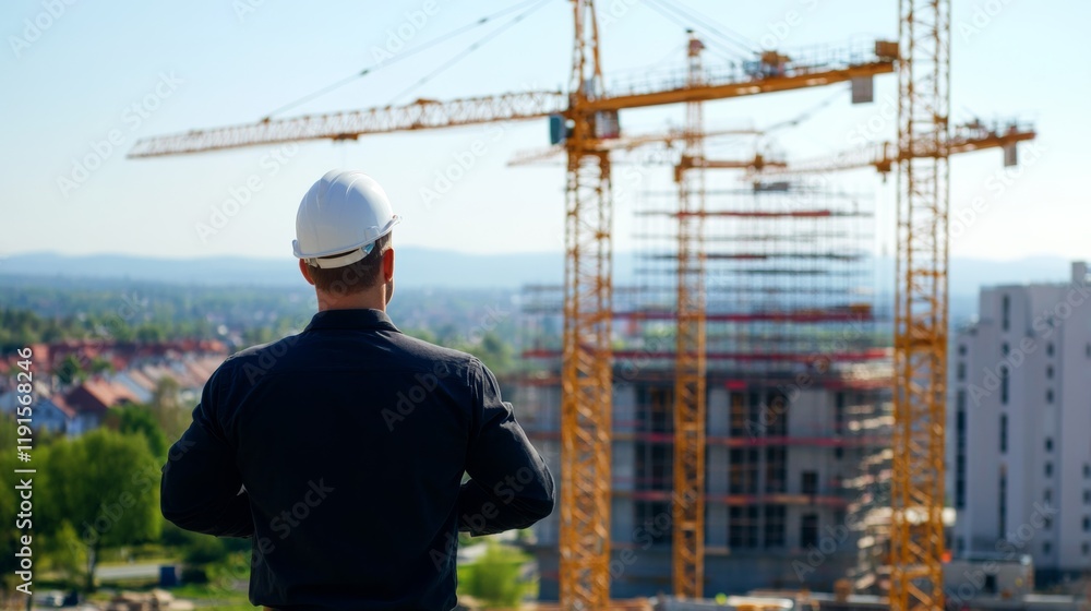 A construction manager standing with folded arms, overseeing the site with cranes and scaffolding in the background, Site supervision scene A construction manager standing with folded arms, overseeing the site with cranes and scaffolding in the background, Site supervision scene