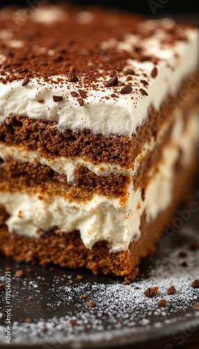 A Delicious Tiramisu Cake layered with coffee soaked biscuits and cream with cocoa powder