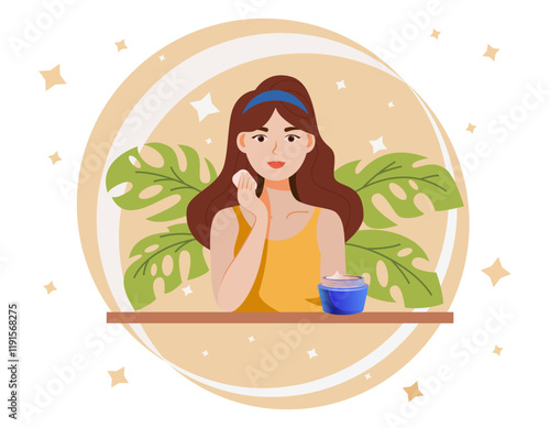  Woman applying cream on her face, surrounded by tropical leaves on light background. Suitable for design on the theme of cosmetics, skin care, health and beauty. Vector illustration .