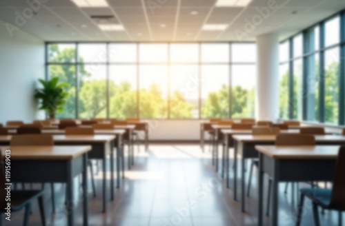 Beautiful blurred background of bright classroom and study room with panoramic windows and beautiful lighting. Blurred Empty school background