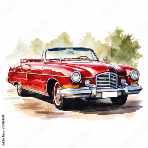 Classic Vintage Car Watercolor Illustration - Elegant Red Convertible in Artistic Style